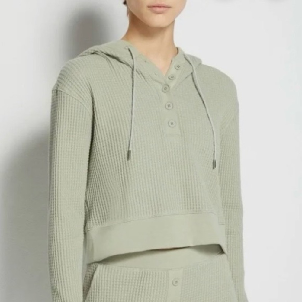 Jonathan Simkhai Standard Everly Waffle Knit Hoodie M Willow Green Henley Lounge